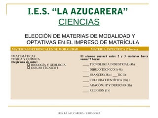 I.E.S. “LA AZUCARERA”
CIENCIAS
ELECCIÓN DE MATERIAS DE MODALIDAD Y
OPTATIVAS EN EL IMPRESO DE MATRÍCULA
I.E.S. LA AZUCARERA - ZARAGOZA
MATERIAS DETRONCALES DE MODALIDAD MATERIA ESPECÍFICA (7 horas)
MATEMÁTICAS
FÍSICA Y QUÍMICA
Elegir una de entre:
 BIOLOGÍA Y GEOLOGÍA
 DIBUJO TÉCNICO I
El alumno cursará entre 2 y 3 materias hasta
sumar 7 horas:
____ TECNOLOGÍA INDUSTRIAL (4h)
____ DIBUJO TÉCNICO I (4h)
____ FRANCÉS (3h) // ___TIC 3h
____ CULTURA CIENTÍFICA (3h) +
____ ARAGÓN: Hª Y DERECHO (1h)
____ RELIGIÓN (1h)
 
