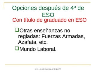 Opciones después de 4º de
ESO
Con título de graduado en ESO
Otras enseñanzas no
regladas: Fuerzas Armadas,
Azafata, etc.
Mundo Laboral.
I.E.S. LA AZUCARERA - ZARAGOZA
 