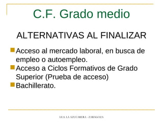 C.F. Grado medio
ALTERNATIVAS AL FINALIZAR
Acceso al mercado laboral, en busca de
empleo o autoempleo.
Acceso a Ciclos Formativos de Grado
Superior (Prueba de acceso)
Bachillerato.
I.E.S. LA AZUCARERA - ZARAGOZA
 