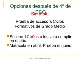 Opciones después de 4º de
ESOSin título
Prueba de acceso a Ciclos
Formativos de Grado Medio
Si tiene 17 años o los va a cumplir
en el año.
Matrícula en abril. Prueba en junio.
I.E.S. LA AZUCARERA - ZARAGOZA
 
