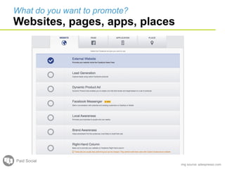 What do you want to promote?
Websites, pages, apps, places
Paid Social
img source: adespresso.com
 
