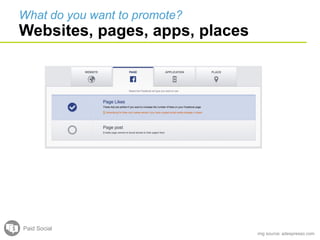 What do you want to promote?
Websites, pages, apps, places
Paid Social
img source: adespresso.com
 