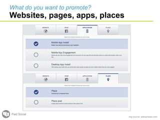 What do you want to promote?
Websites, pages, apps, places
Paid Social
img source: adespresso.com
 