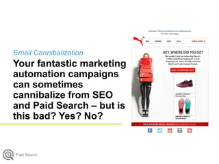 Email Cannibalization
Your fantastic marketing
automation campaigns
can sometimes
cannibalize from SEO
and Paid Search – but is
this bad? Yes? No?
Paid Search
 