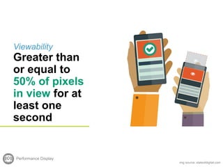 Viewability
Greater than
or equal to
50% of pixels
in view for at
least one
second
img source: stateofdigital.com
Performance Display
 