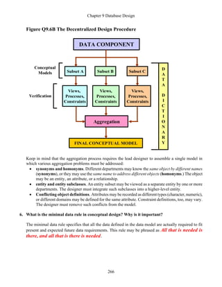 Chapter 9 Database Design
266
Figure Q9.6B The Decentralized Design Procedure
D
A
T
A
D
I
C
T
I
O
N
A
R
Y
Subset A
DATA COMPONENT
Views,
Processes,
Constraints
Views,
Processes,
Constraints
Views,
Processes,
Constraints
Aggregation
Subset B Subset C
Verification
Conceptual
Models
FINAL CONCEPTUAL MODEL
Keep in mind that the aggregation process requires the lead designer to assemble a single model in
which various aggregation problems must be addressed:
• synonyms and homonyms. Different departments may know the same object by different names
(synonyms), or they may use the same name to address different objects (homonyms.) The object
may be an entity, an attribute, or a relationship.
• entity and entity subclasses. An entity subset may be viewed as a separate entity by one or more
departments. The designer must integrate such subclasses into a higher-level entity.
• Conflicting object definitions. Attributes may be recorded as different types (character, numeric),
or different domains may be defined for the same attribute. Constraint definitions, too, may vary.
The designer must remove such conflicts from the model.
6. What is the minimal data rule in conceptual design? Why is it important?
The minimal data rule specifies that all the data defined in the data model are actually required to fit
present and expected future data requirements. This rule may be phrased as All that is needed is
there, and all that is there is needed.
 