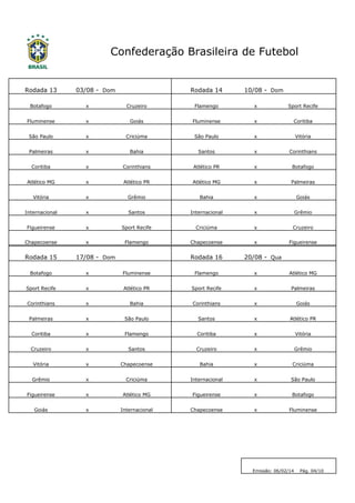 Rodada 13 03/08 - Dom Rodada 14 10/08 - Dom
Botafogo x Cruzeiro Flamengo x Sport Recife
Fluminense x Goiás Fluminense x Coritiba
São Paulo x Criciúma São Paulo x Vitória
Palmeiras x Bahia Santos x Corinthians
Coritiba x Corinthians Atlético PR x Botafogo
Atlético MG x Atlético PR Atlético MG x Palmeiras
Vitória x Grêmio Bahia x Goiás
Internacional x Santos Internacional x Grêmio
Figueirense x Sport Recife Criciúma x Cruzeiro
Chapecoense x Flamengo Chapecoense x Figueirense
Rodada 15 17/08 - Dom Rodada 16 20/08 - Qua
Botafogo x Fluminense Flamengo x Atlético MG
Sport Recife x Atlético PR Sport Recife x Palmeiras
Corinthians x Bahia Corinthians x Goiás
Palmeiras x São Paulo Santos x Atlético PR
Coritiba x Flamengo Coritiba x Vitória
Cruzeiro x Santos Cruzeiro x Grêmio
Vitória x Chapecoense Bahia x Criciúma
Grêmio x Criciúma Internacional x São Paulo
Figueirense x Atlético MG Figueirense x Botafogo
Goiás x Internacional Chapecoense x Fluminense
Confederação Brasileira de Futebol
Emissão: 06/02/14 Pág. 04/10
 