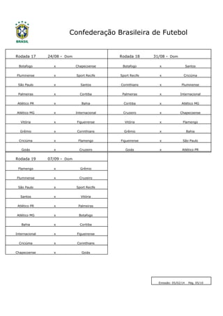 Rodada 17 24/08 - Dom Rodada 18 31/08 - Dom
Botafogo x Chapecoense Botafogo x Santos
Fluminense x Sport Recife Sport Recife x Criciúma
São Paulo x Santos Corinthians x Fluminense
Palmeiras x Coritiba Palmeiras x Internacional
Atlético PR x Bahia Coritiba x Atlético MG
Atlético MG x Internacional Cruzeiro x Chapecoense
Vitória x Figueirense Vitória x Flamengo
Grêmio x Corinthians Grêmio x Bahia
Criciúma x Flamengo Figueirense x São Paulo
Goiás x Cruzeiro Goiás x Atlético PR
Rodada 19 07/09 - Dom
Flamengo x Grêmio
Fluminense x Cruzeiro
São Paulo x Sport Recife
Santos x Vitória
Atlético PR x Palmeiras
Atlético MG x Botafogo
Bahia x Coritiba
Internacional x Figueirense
Criciúma x Corinthians
Chapecoense x Goiás
Confederação Brasileira de Futebol
Emissão: 05/02/14 Pág. 05/10
 