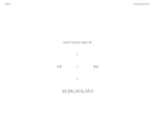 TOPIC COLORTHEORY
LIGHT COLOR (빛의 색)
조명 형광/
같은 영화, 다른 빛, 다른 색
>
>
 