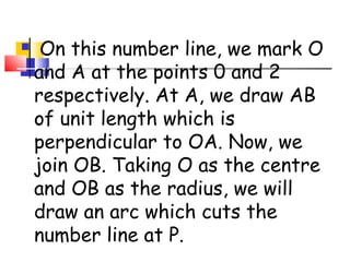  On this number line, we mark O
and A at the points 0 and 2
respectively. At A, we draw AB
of unit length which is
perpendicular to OA. Now, we
join OB. Taking O as the centre
and OB as the radius, we will
draw an arc which cuts the
number line at P.
 