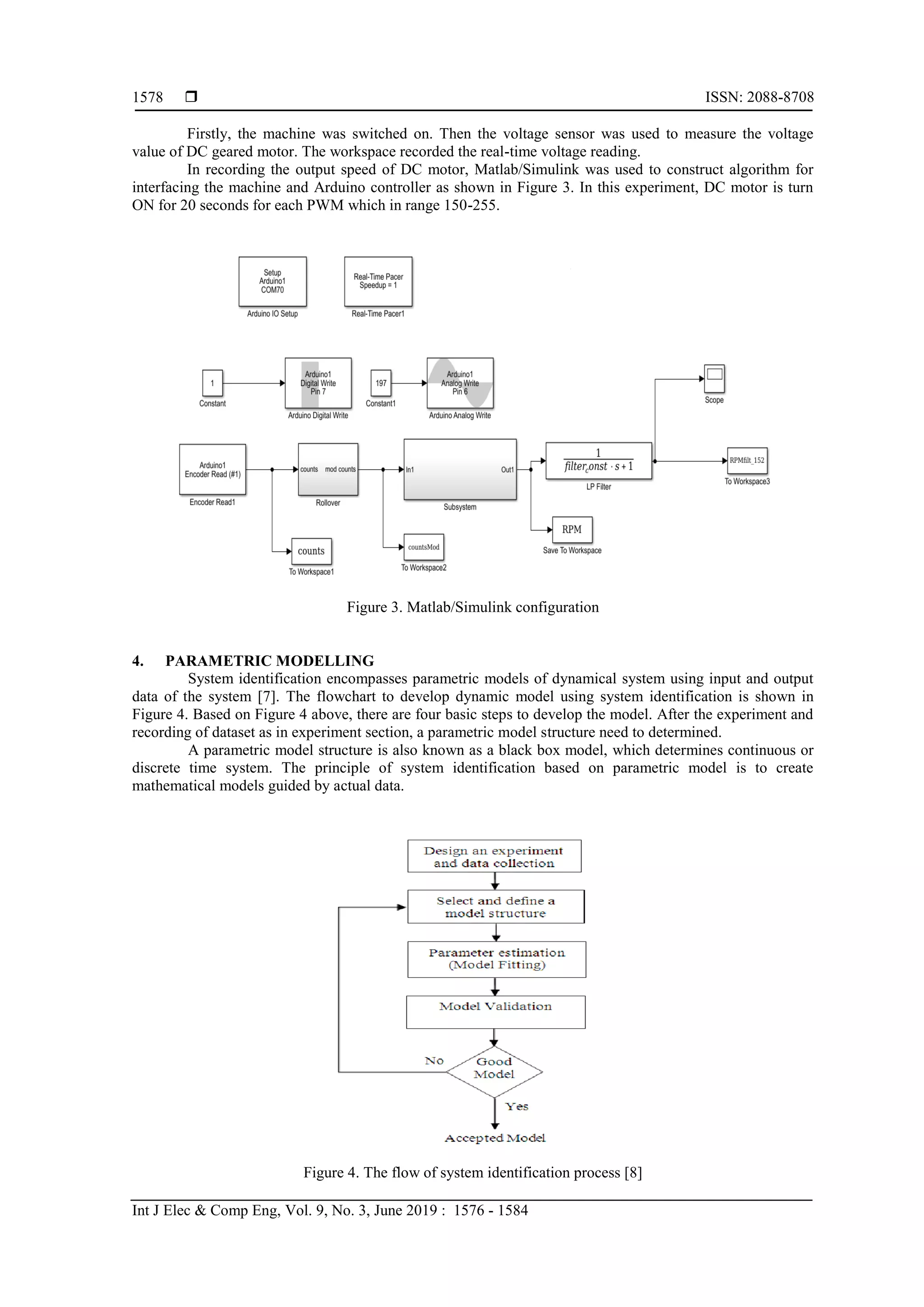  ISSN: 2088-8708
Int J Elec & Comp Eng, Vol. 9, No. 3, June 2019 : 1576 - 1584
1578
Firstly, the machine was switched on. Then the voltage sensor was used to measure the voltage
value of DC geared motor. The workspace recorded the real-time voltage reading.
In recording the output speed of DC motor, Matlab/Simulink was used to construct algorithm for
interfacing the machine and Arduino controller as shown in Figure 3. In this experiment, DC motor is turn
ON for 20 seconds for each PWM which in range 150-255.
Figure 3. Matlab/Simulink configuration
4. PARAMETRIC MODELLING
System identification encompasses parametric models of dynamical system using input and output
data of the system [7]. The flowchart to develop dynamic model using system identification is shown in
Figure 4. Based on Figure 4 above, there are four basic steps to develop the model. After the experiment and
recording of dataset as in experiment section, a parametric model structure need to determined.
A parametric model structure is also known as a black box model, which determines continuous or
discrete time system. The principle of system identification based on parametric model is to create
mathematical models guided by actual data.
Figure 4. The flow of system identification process [8]
 