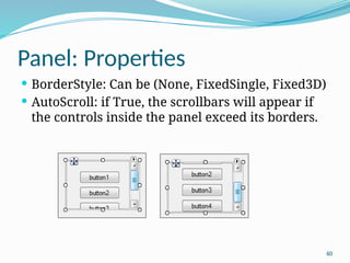 40
Panel: Properties
 BorderStyle: Can be (None, FixedSingle, Fixed3D)
 AutoScroll: if True, the scrollbars will appear if
the controls inside the panel exceed its borders.
 