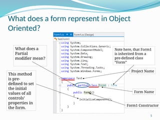 5
What does a form represent in Object
Oriented?
Project Name
Form Name
Form1 Constructor
This method
is pre-
defined to set
the initial
values of all
controls’
properties in
the form.
What does a
Partial
modifier mean?
Note here, that Form1
is inherited from a
pre-defined class
“Form”
 