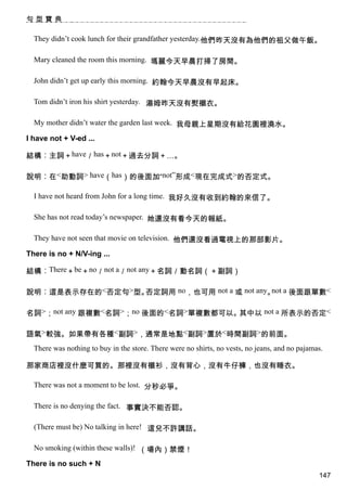 句型寶典

  They didn’t cook lunch for their grandfather yesterday.他們昨天沒有為他們的祖父做午飯。

  Mary cleaned the room this morning. 瑪麗今天早晨打掃了房間。

  John didn’t get up early this morning. 約翰今天早晨沒有早起床。

  Tom didn’t iron his shirt yesterday. 湯姆昨天沒有熨襯衣。

  My mother didn’t water the garden last week. 我母親上星期沒有給花園裡澆水。

I have not + V-ed ...

結構︰主詞＋have／has＋not＋過去分詞＋…。

說明︰在<助動詞> have（has）的後面加“not”形成<現在完成式>的否定式。

  I have not heard from John for a long time. 我好久沒有收到約翰的來信了。

  She has not read today’s newspaper. 她還沒有看今天的報紙。

  They have not seen that movie on television. 他們還沒看過電視上的那部影片。

There is no + N/V-ing ...

結構︰There＋be＋no／not a／not any＋名詞／動名詞（＋副詞）

說明︰這是表示存在的<否定句>型。否定詞用 no，也可用 not a 或 not any。 a 後面跟單數<
                                             not


名詞>；not any 跟複數<名詞>；no 後面的<名詞>單複數都可以。其中以 not a 所表示的否定<

語氣>較強。如果帶有各種<副詞>，通常是地點<副詞>置於<時間副詞>的前面。
  There was nothing to buy in the store. There were no shirts, no vests, no jeans, and no pajamas.

那家商店裡沒什麼可買的。那裡沒有襯衫，沒有背心，沒有牛仔褲，也沒有睡衣。

  There was not a moment to be lost. 分秒必爭。

  There is no denying the fact. 事實決不能否認。

  (There must be) No talking in here! 這兒不許講話。

  No smoking (within these walls)! （場內）禁煙！

There is no such + N
                                                                                                147
 