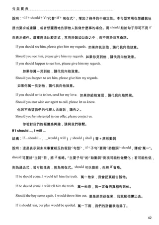 句型寶典


說明︰<If + should + V>代替<if + 現在式>，增加了條件的不確定性。本句型常用在想禮貌地

提出要求或建議，或者想圓通地告訴他人該做什麼事的場合。用 should 起始句子即可不用 if

而表示條件。這種用法比較正式，常用於諸如公函之中，而不用於日常會話。

  If you should see him, please give him my regards. 如果你見到他，請代我向他致意。

  Should you see him, please give him my regards. 如果你見到他，請代我向他致意。

  If you should happen to see him, please give him my regards.

        如果你萬一見到他，請代我向他致意。
  Should you happen to see him, please give him my regards.

    如果你萬一見到他，請代我向他致意。

  If you should write to her, send her my love. 如果你給她寫信，請代我向她問候。

  Should you not wish our agent to call, please let us know.

    你若不希望我們的代理人去造訪，請告之。
  Should you be interested in our offer, please contact us.

        你若對我們的報價感興趣，請與我們聯繫。
If I should ..., I will ...

結構︰If…should…，…would（will）／should（shall）等＋原形動詞

說明︰這是表示與未來事實相反的假設<句型>，if <子句>要用<助動詞> should，譯成“萬一”。

should 可置於<主詞>前，將 if 省略。 主要子句>的<助動詞>則視可能性做變化：若可能性低，
                        <


則為過去式，若可能性高，則為現在式。should 可以提前，而將 if 省略。

  If he should come, I would tell him the truth. 萬一他來，我會把真相告訴他。

  If he should come, I will tell him the truth. 萬一他來，我一定會把真相告訴他。

  Should the boy come again, I would throw him out. 要是那男孩在來，我就把他攆出去。

  If it should rain, our plan would be spoiled. 萬一下雨，我們的計劃就泡湯了。


                                                                       42
 