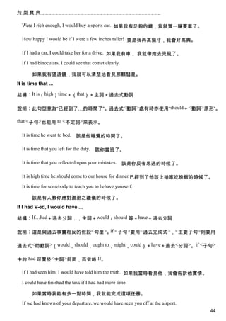 句型寶典

  Were I rich enough, I would buy a sports car. 如果我有足夠的錢，我就買一輛賽車了。

  How happy I would be if I were a few inches taller! 要是我再高幾寸，我會好高興。

  If I had a car, I could take her for a drive. 如果我有車， 我就帶她去兜風了。

  If I had binoculars, I could see that comet clearly.

       如果我有望遠鏡，我就可以清楚地看見那顆彗星。
It is time that ...

結構︰It is（high）time＋（that）＋主詞＋過去式動詞

說明︰此句型意為“已經到了…的時間了”。過去式<動詞>處有時亦使用“should＋<動詞>原形”。

that <子句>也能用 to <不定詞>來表示。

  It is time he went to bed.    該是他睡覺的時間了。

  It is time that you left for the duty.   該你當班了。

  It is time that you reflected upon your mistakes.      該是你反省思過的時候了。

  It is high time he should come to our house for dinner.已經到了他該上咱家吃晚飯的時候了。

  It is time for somebody to teach you to behave yourself.

       該是有人教你應對進退之禮儀的時候了。
If I had V-ed, I would have ...

結構︰If…had＋過去分詞…，主詞＋would／should 等＋have＋過去分詞

說明︰這是與過去事實相反的假設<句型>。 <子句>要用<過去完成式>，<主要子句>則要用
                    if


過去式<助動詞>（would，should，ought to，might，could）＋have＋過去<分詞>。if <子句>

中的 had 可置於<主詞>前面，而省略 If。

  If I had seen him, I would have told him the truth. 如果我當時看見他，我會告訴他實情。

  I could have finished the task if I had had more time.

       如果當時我能有多一點時間，我就能完成這項任務。
  If we had known of your departure, we would have seen you off at the airport.
                                                                                  44
 