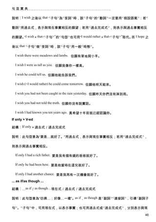 句型寶典


說明︰I wish 之後以 that <子句>為<受詞>時，該<子句>的<動詞>一定要用<假設語氣>：若<

動詞>用過去式，表示與現在事實相反的願望；若用<過去完成式>，則表示與過去事實相反

的願望。I wish＋that-<子句>”的<句型>也可用“I would rather＋that-<子句>”取代。 I hope 之
    “                                                     而

後以 that <子句>做<受詞>時，該<子句>用一般<時態>。

  I wish there were meadows and lambs. 但願有草地與小羊。

  I wish I were as tall as you. 但願我像你一樣高。

  I wish he could tell us. 但願他能告訴我們。

  I wish (=I would rather) he could come tomorrow. 但願他明天能來。

  I wish you had not been caught in the rain yesterday. 但願昨天你們沒有淋到雨。

  I wish you had not told the truth. 但願你沒有說實話。

  I wish I had known you ten years ago. 真希望十年前就已經認識你。

If only + V-ed

結構︰If only＋過去式／過去完成式

說明︰此句型意為“要是…就好了。”用過去式，表示與現在事實相反；若用<過去完成式>，

則表示與過去事實相反。

  If only I had a rich father. 要是我有個有錢的爸爸就好了。

  If only he had been here. 要是他當時在這兒就好了。

  If only I had another chance. 要是我再有一次機會就好了。

... as if/as though ...

結構︰…as if／as though…現在式／過去式／過去完成式

說明︰此句型意為“彷彿…；好像…一樣”。as if，as though 是<副詞><連接詞>，引導<副詞子

句>。<子句>中，可用現在式，以表示事實；也可用過去式或<過去完成式>，分別表示與現
                                                                       46
 