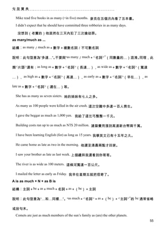 句型寶典

  Mike read five books in as many (=in five) months. 麥克在五個月內看了五本書。

  I didn’t expect that he should have committed three robberies in as many days.

   沒想到（老實的）他居然在三天內犯了三次搶劫罪。
as many/much as ...

結構︰as many／much as＋數字＋複數名詞／不可數名詞

說明︰此句型意為“多達…”。不要與“as many／much＋<名詞>”（同數量的…）混淆。同理，此

類<片語>還有：as long as＋數字＋<名詞>（長達…），as wide as＋數字＋<名詞>（寬達

…）， as high as＋數字＋<名詞>（高達…），as early as＋數字＋<名詞>（早在…），as

late as＋數字＋<名詞>（遲在…）等。

  She has as many as seven sisters. 她的姊妹有七人之多。

 As many as 100 people were killed in the air crash. 這次空難中多達一百人喪生。

  I gave the beggar as much as 1,000 yen. 我給了這乞丐整整一千元。

  Building costs ran up to as much as NT$ 20 million. 建築費用漲到高達新台幣兩千萬。

  I have been learning English (for) as long as 15 years. 我學英文已有十五年之久。

  He came home as late as two in the morning. 他遲至清晨兩點才回家。

  I saw your brother as late as last week. 上個禮拜我還看到你哥哥。

  The river is as wide as 100 meters. 這條河寬達一百公尺。

  I mailed the letter as early as Friday. 我早在星期五就把信寄了。

A is as much + N + as B is

結構︰主詞＋be＋as＋much＋名詞＋as＋（be）＋主詞

說明︰此句型意為“…和…同樣…”。“as much＋<名詞>＋as＋（be）＋<主詞>”的 be 通常省略

或放句末。
  Comets are just as much members of the sun’s family as (are) the other planets.
                                                                                    55
 