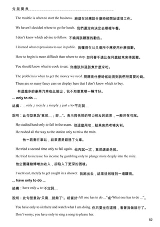 句型寶典

  The trouble is when to start the business. 麻煩在於應該什麼時候開始這項工作。

  We haven’t decided where to go for lunch. 我們還沒有決定去哪裡午餐。

  I don’t know which advise to follow. 不曉得該聽誰的勸告。

  I learned what expressions to use in public. 我懂得在公共場所中應使用什麼措辭。

  How to begin is more difficult than where to stop. 如何著手遠比在何處結束來得困難。

  You should know what to cook to eat. 你應該知道該煮什麼來吃。

  The problem is when to get the money we need. 問題是什麼時候能得到我們所需要的錢。

  There are so many fancy cars on display here that I don’t know which to buy.

   有這麼多的豪華汽車在此展出，我不知要買哪一輛才好。
... only to do ...

結構︰…only／merely／simply／just＋to-不定詞…

說明︰此句型意為“竟然…；卻…”。表示與先前的努力相反的結果，一般用在句尾。

  He studied hard only to fail in the exam. 他這麼用功，結果竟然考場失利。

  He rushed all the way to the station only to miss the train.

       他一路衝往車站，結果還是錯過了火車。

  He tried a second time only to fail again. 他再試一次，竟然還是失敗。

  He tried to increase his income by gambling only to plunge more deeply into the mire.

  他企圖藉賭博增加收入，卻陷入了更深的困境。

  I went out, merely to get caught in a shower. 我跑出去，結果徒然碰到一場驟雨。

... have only to do ...

結構︰have only＋to-不定詞…

說明︰此句型意為“只需…就夠了”。相當於“All one has to do ...”或“What one has to do ...”。

  You have only to sit there and watch what I am doing. 你只要坐在這裡，看著我做就行了。

  Don’t worry; you have only to sing a song to please her.
                                                                                          82
 
