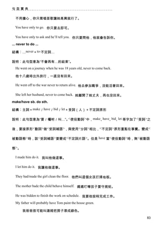句型寶典


  不用擔心，你只需唱首歌讓她高興就行了。

  You have only to go. 你只要去即可。

  You have only to ask and he’ll tell you. 你只要問他，他就會告訴你。

... never to do ...

結構︰…never＋to-不定詞…

說明︰此句型意為“不會再有…的結果”。
  He went on a journey when he was 18 years old, never to come back.

  他十八歲時出外旅行，一直沒有回來。

  He went off to the war never to return alive. 他去參加戰爭，沒能活著回來。

  She left her husband, never to come back. 她離開了她丈夫，再也沒回來。

make/have sb. do sth.

結構︰主詞＋make／have／bid／let＋受詞（人）＋不定詞原形

說明︰此句型意為“要／囑咐／叫…”。 使役動詞>中，make、
                  <            have、 、 等字加了<受詞>之
                                    bid let


後，要接原形<動詞>做<受詞補語>，與使用<分詞>相比，<不定詞>原形重點在事實。變成<

被動語態>時，該<受詞補語>要變成<不定詞片語>。但是 have 當<使役動詞>時，無<被動語

態>。

  I made him do it. 我叫他做這事。

  I let him do it. 我讓他做這事。

  They had/made the girl clean the floor. 他們叫這個女孩打掃地板。

  The mother bade the child behave himself. 媽媽叮嚀孩子要守規矩。

  He was bidden to finish the work on schedule. 我要他按時完成工作。

  My father will probably have Tom paint the house green.

       我爸爸很可能叫湯姆把房子漆成綠色。
                                                                       83
 
