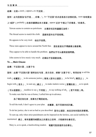 句型寶典


結構︰主詞＋seem／appear＋to-不定詞…

說明︰此句型意為“似乎是…，好像…”。to-<不定詞>的內容是表示狀態的詞。seem 有時要加

入“或許”（probably）的意思翻譯起來才適當；appear 近於“乍看之下好像是…”的意思。

  Taiwan seems to contain no petroleum.       台灣恐怕沒有蘊藏石油吧！

  The thread seems to match the cloth.      這線和這布似乎很相稱。

  He appears to be very tired.    他似乎很累。

  These stars appear to move around the North Star.   這些星星似乎環繞著北極星轉。

  They appear to be able to handle the problem. 他們似乎可以處理這個問題。

  John seems to love music very much. 約翰似乎很喜歡音樂。

To ..., Main Clause

結構︰不定詞片語，主要子句

說明︰此類<不定詞片語>通常放在句首，表示目的，修飾<主要子句>。常用的有 to tell the

truth（老實說），to do someone justice（替某人說句公道話），to be brief（簡言之），to

begin with（首先），to sum up（總之），to make matters worse（更糟的是），so to speak


（可以這麼說），needless to say（不用說），to say nothing of sth。（更不用說）等。
  To make sure that he was at home, I called him up in advance.

       為了確定他在家，我事先打電話給他。

  To tell the truth, I don’t agree to your plan.   老實講，我不同意你的計劃。

  To do her justice, she is not as bad as you described. 說句公道話，她並沒有你說的那樣壞。

  To sum up, only when strict punishment can be imposed on the lawless, can social stability be

maintained. 總之，唯有當嚴刑峻罰加之於違法之徒時，才能維持社會安定。

  Mary is, so to speak, a hardworking student.     瑪麗可說是個用功的學生。


                                                                                                  87
 