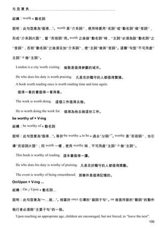 句型寶典


結構︰worth＋動名詞

說明︰此句型意為“值得…”。worth 是<介系詞>，使用時要用<名詞>或<動名詞>做<受詞>，

形成<介系詞片語>，當 <形容詞>用。worth 之後接<動名詞>時，<主詞>必須為該<動名詞>之

<受詞>，否則<動名詞>之後須另加<介系詞>，使<主詞>做其<受詞>。這種<句型>不可用虛<


主詞> it 做<主詞>。

  London is a city worth visiting.   倫敦是值得參觀的城市。

  He who does his duty is worth praising.   凡是忠於職守的人都值得贊揚。
  A book worth reading once is worth reading time and time again.

   值得一看的書值得一看再看。

  The work is worth doing.    這個工作值得去做。

  He is worth doing the work for.    值得為他去做這份工作。
be worthy of + V-ing

結構︰be worthy of＋動名詞

說明︰此句型意為“值得…”。等於“be worthy＋to be＋過去<分詞>”。worthy 是<形容詞>，也引


導<形容詞片語>；同 worth 一樣，使用 worthy 時，不可用虛<主詞> it 做<主詞>。

  This book is worthy of reading. 這本書值得一讀。

  He who does his duty is worthy of praising. 凡是忠於職守的人都值得獎勵。

  The event is worthy of being remembered. 那事件是值得記憶的。

On/Upon + V-ing ...

結構︰On／Upon＋動名詞…

說明︰此句型意為“一…就…”。相當於 once 引導的<副詞子句>。 後面所跟的<動詞>的動作
                                  on


執行者必須與<主要子句>的一致。
  Upon reaching an appropriate age, children are encouraged, but not forced, to “leave the nest”.
                                                                                                106
 