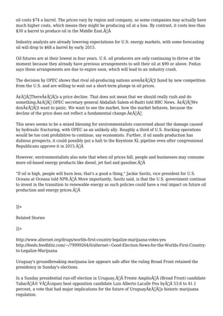 oil costs $74 a barrel. The prices vary by region and company, so some companies may actually have 
much higher costs, which means they might be producing oil at a loss. By contrast, it costs less than 
$30 a barrel to produce oil in the Middle East.Ã‚Â 
Industry analysts are already lowering expectations for U.S. energy markets, with some forecasting 
oil will drop to $68 a barrel by early 2015. 
Oil futures are at their lowest in four years. U.S. oil producers are only continuing to thrive at the 
moment because they already have previous arrangements to sell their oil at $90 or above. Fedun 
says those arrangements are due to expire soon, which will lead to an industry crash. 
The decision by OPEC shows that rival oil-producing nations arenÃ¢Â€Â™t fazed by new competition 
from the U.S. and are willing to wait out a short-term plunge in oil prices. 
Ã¢Â€ÂœThereÃ¢Â€Â™s a price decline. That does not mean that we should really rush and do 
something,Ã¢Â€Â OPEC secretary general Abdallah Salem el-Badri told BBC News. Ã¢Â€ÂœWe 
donÃ¢Â€Â™t want to panic. We want to see the market, how the market behaves, because the 
decline of the price does not reflect a fundamental change.Ã¢Â€Â 
This news seems to be a mixed blessing for environmentalists concerned about the damage caused 
by hydraulic fracturing, with OPEC as an unlikely ally. Roughly a third of U.S. fracking operations 
would be too cost prohibitive to continue, say economists. Further, if oil sands production has 
dubious prospects, it could possibly put a halt to the Keystone XL pipeline even after congressional 
Republicans approve it in 2015.Ã‚Â 
However, environmentalists also note that when oil prices fall, people and businesses may consume 
more oil-based energy products like diesel, jet fuel and gasoline.Ã‚Â 
"If oil is high, people will burn less; that's a good a thing," Jackie Savitz, vice president for U.S. 
Oceans at Oceana told NPR.Ã‚Â More importantly, Savitz said, is that the U.S. government continue 
to invest in the transition to renewable energy as such policies could have a real impact on future oil 
production and energy prices.Ã‚Â 
]]> 
Related Stories 
]]> 
http://www.alternet.org/drugs/worlds-first-country-legalize-marijuana-votes-yes 
http://feeds.feedblitz.com/~/79999264/0/alternet~Good-Election-News-for-the-Worlds-First-Country-to- 
Legalize-Marijuana 
Uruguay's groundbreaking marijuana law appears safe after the ruling Broad Front retained the 
presidency in Sunday's elections. 
In a Sunday presidential run-off election in Uruguay,Ã‚Â Frente AmplioÃ‚Â (Broad Front) candidate 
TabarÃƒÂ© VÃƒÂ¡zquez beat opposition candidate Luis Alberto Lacalle Pou byÃ‚Â 53.6 to 41.1 
percent, a vote that had major implications for the future of UruguayÃ¢Â€Â™s historic marijuana 
regulation. 
 