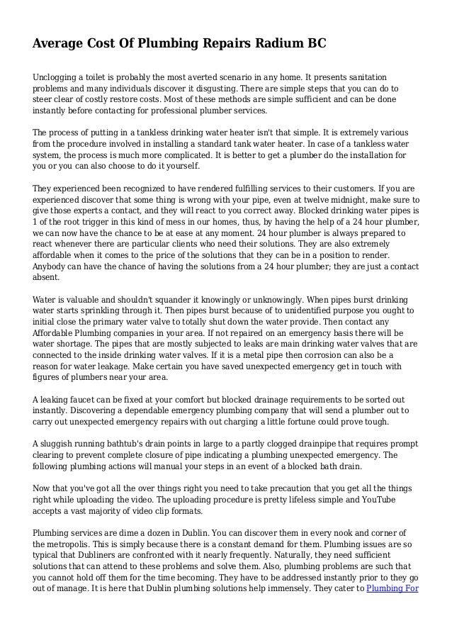 Average Cost Of Plumbing Repairs Radium BC