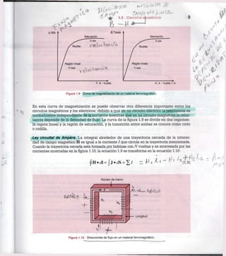 Figura 1.9 Curva de magnetización de un material ferromagnètico.
En esta curva de magnetización se puede observar otra diferencia importante entre los
circuitos magnéticos y los eléctricos, debido a que en un circuito eléctrico la resistencia es
normalmente independiente de la corriente mientras que en un circuito magnético la reluc-
tancia depende de la densidad de flujo. La curva de la figura 1.9 se divide en dos regiones:
la región lineal y la región de saturación, y la transición entre ambas se conoce como codo
o rodilla.
Ley circuital de Ampére. La integral alrededor de una trayectoria cerrada de la intensi-
dad de campo magnético H es igual a la comente / que circula en la trayectoria mencionada.
Cuando la trayectoria cerrada está formada por bobinas con N vueltas y es atravesada por las
corrientes mostradas en la figura 1.10, la ecuación 1.9 se transforma en la ecuación 1.10:
Núcleo de hierro
i
Mite*
N 2 :
ñ.n.o.fí.o.n
Longitud
Figura 1.10 Direcciones de flujo en un material ferromagnètico.
 