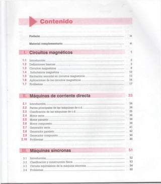 Contenido
Prefacio ix
Material complementario xi
Circuitos magnéticos 1
1.1 Introducción 2
1.2 Definiciones básicas , 3
1.3 Circuitos magnéticos 6
1.4 Inductancia magnética : 10
1.5 Excitación senoidal en circuitos magnéticos 13
1.6 Aplicaciones de los circuitos magnéticos 16
1.7 Problemas 17
II. Máquinas de corriente directa 33
2.1 Introducción 34
2.2 Partes principales de las máquinas de c.d 34
2.3 Clasificación de las máquinas de c.d 35
2.4 Motor serie 36
2.5 Motor paralelo 38
2.6 Motor compuesto 39
2.7 Generador serie 41
2.8 Generador paralelo 42
2.9 Generador compuesto 44
2.10 Problemas 46
III. Máquinas síncronas 51
3.1 Introducción 52
3.2 Clasificación y construcción física 53
3.3 Circuito equivalente de la máquina síncrona 54
3.4 Problemas 60
 