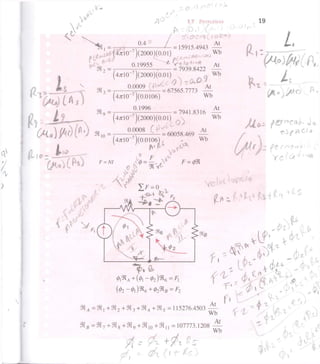 Au
1.7 PROBLEMAS 19
0.4
= 15915.4943
At
Wb
I
L ^ ^ ; ( ^ 1 0 - 7
) ( 2 0 0 0 ) ^ 0 l ) " i ; _ . A ^ , ( Ä O
Jj »-'was ^ 7939.8422 —
4JT1(T7
(2000)(0.0l) . Q Wb
9 t 3 = . a 0 0
° 9
= 67565.7773 A t
m 9 =
« i o :
=
4/rl0~7
)(0.0106)
0.1996
4/rl0~7
)(2000)(0.0l) ' 
0.0008
Wb
= 7941.8316
At
Wb
4 / r l O - 7
0.0106)
= 60058.469
At
Wb
F = N1
V
( 0 2 - 0 , ) 9 î 6 + 0 2 9 î s = F 2
SB , = :)i , + : t i : + SB3 + SB4 + SB5 = 115276.4503
ÍRH = M7 + 9Î8 + SR o + 9t,n + SH ,, = 107773.1208
At
Wb
At
10
Wb
 