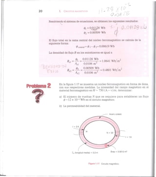 - í .
20 I. CIRCUITOS MAGNÉTICOS   ^ f /i r>
Resolviendo el sistema de ecuaciones, se obtienen los siguientes resultados:
> é 1
0, = 0 ^ 2 8 Wb
02 = 0.00509 Wb
El flujo total en la rama central del núcleo ferromagnético se calcula de la
siguiente forma:
0cemr a /=0/-02 = O.OO619Wb
La densidad de flujo B en los entrehierros es igual a
A = 0.01128 Wb = | Q 6 4 | W b / m 2
AeX 0.0106 m 2
„ 02 0.00509 Wb
fVÚC B
e2=^p- = - = 0.480
Ae2 0.0106 m 2
Prototema 2 En la figura 1.17 se muestra un núcleo ferromagnético en forma de dona,
con sus respectivas medidas. La intensidad del campo magnético en el
/ ^ S f c X material ferromagnético es H = 750 (A - v)/m, determinar:
a) El número de vueltas N que se requiere para establecer un flujo
(¡> = 12 x 10- 4
Wb en el circuito magnético.
b) La permeabilidad del material.
Figura 1.17 Circuito magnético.
 