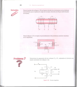 2 6 I. CIRCUITOS MAGNÉTICOS
Para el núcleo de la figura 1.20 se hacen circular las corrientes en las bobinas
de tal forma que al aplicar la regla de la mano derecha los flujos individuales
se suman.
F1 F2
n o o n f~ /*"N />"•» /•">,
U I i
Para la figura 1.21 se repite el procedimiento del problema anterior resultan-
do lo siguiente:
PiHiEilema 7 Determinar la expresión de los voltajes Va y Vn aplicados al circuito aco-
plado mostrado en la figura 1.22.
r
la
Va
R1
r^vW
L - W v
R2
Figura 1.22 Circuito magnético.
 