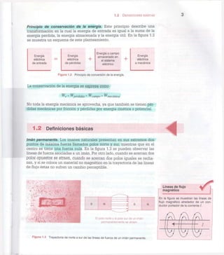 1.2 DEFINICIONES BÁSICAS 3
Principio de conservación de la energía. Este principio describe una
transformación en la cual la energía de entrada es igual a la suma de la
energía perdida, la energía almacenada y la energía útil. En la figura 1.2
se muestra un esquema de este planteamiento.
Energía
eléctrica
de entrada
Energía
eléctrica +
de pérdidas
Energía o campo
almacenado en
el sistema
eléctrico
+
Energía
eléctrica
a mecánica
Figura 1.2 Principio de conversión de la energía.
La conservación de la energía se expresa como
=
^pérdidas +
^campo +
^mecánica
No toda la energía mecánica se aprovecha, ya que también se tienen pér-
didas mecánicas por fricción y pérdidas por energía cinética o potencial.
1.2 Definiciones básicas
Imán permanente. Los imanes naturales presentan en sus extremos dos
puntos de máxima fuerza llamados polos norte y sur, mientras que en el
centro se tiene una fuerza nula. En la figura 1.3 se pueden observar las
líneas de fuerza asociadas a un imán. Por otro lado, cuando se acercan dos
polos opuestos" Sé" atraen, cuándo se acercan dos polos iguales se recha-
zan, y si se coloca un material no magnético en la trayectoria de las líneas
de flujo éstas no sufren un cambio perceptible.
 