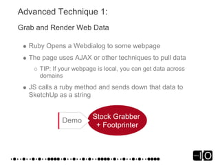 Advanced Technique 1:
Grab and Render Web Data

  Ruby Opens a Webdialog to some webpage
  The page uses AJAX or other tec...