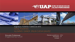 Asignatura: PUENTES Y OBRAS DE ARTE
Tema: PUENTES
ALUMNO: DANER ERLIN CUEVA GALVEZ
2018-I
VIII
I
 