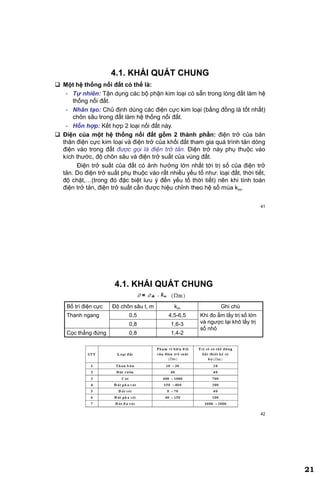 21
41
4.1. KHÁI QUÁT CHUNG
 Một hệ thống nối đất có thể là:
- Tự nhiên: Tận dụng các bộ phận kim loại có sẵn trong lòng đất làm hệ
thống nối đất.
- Nhân tạo: Chủ định dùng các điện cực kim loại (bằng đồng là tốt nhất)
chôn sâu trong đất làm hệ thống nối đất.
- Hỗn hợp: Kết hợp 2 loại nối đất này.
 Điện của một hệ thống nối đất gồm 2 thành phần: điện trở của bản
thân điện cực kim loại và điện trở của khối đất tham gia quá trình tản dòng
điện vào trong đất được gọi là điện trở tản. Điện trở này phụ thuộc vào
kích thước, độ chôn sâu và điện trở suất của vùng đất.
Điện trở suất của đất có ảnh hưởng lớn nhất tới trị số của điện trở
tản. Do điện trở suất phụ thuộc vào rất nhiều yếu tố như: loại đất, thời tiết,
độ chặt,…(trong đó đặc biệt lưu ý đến yếu tố thời tiết) nên khi tính toán
điện trở tản, điện trở suất cần được hiệu chỉnh theo hệ số mùa km.
42
4.1. KHÁI QUÁT CHUNG
Bố trí điện cực Độ chôn sâu t, m km Ghi chú
Thanh ngang 0,5 4,5-6,5 Khi đo ẩm lấy trị số lớn
và ngược lại khô lấy trị
số nhỏ
0,8 1,6-3
Cọc thẳng đứng 0,8 1,4-2
 