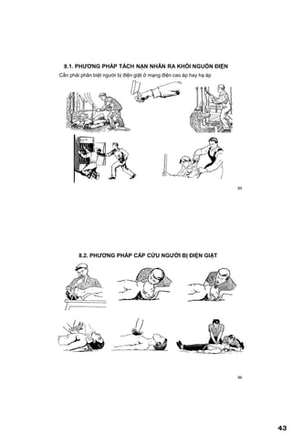 43
85
8.1. PHƢƠNG PHÁP TÁCH NẠN NHÂN RA KHỎI NGUỒN ĐIỆN
Cần phải phân biệt người bị điện giật ở mạng điện cao áp hay hạ áp
86
8.2. PHƢƠNG PHÁP CẤP CỨU NGƢỜI BỊ ĐIỆN GIẬT
 
