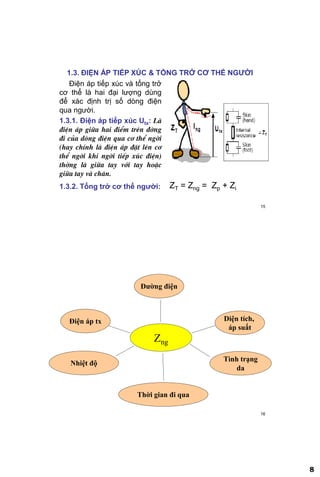 8
15
1.3. ĐIỆN ÁP TIẾP XÖC & TỔNG TRỞ CƠ THỂ NGƢỜI
Điện áp tiếp xúc và tổng trở
cơ thể là hai đại lượng dùng
để xác định trị số dòng điện
qua người.
1.3.1. Điện áp tiếp xúc Utx: Lµ
®iÖn ¸p gi÷a hai ®iÓm trªn ®êng
®i cña dßng ®iÖn qua c¬ thÓ ngêi
(hay chÝnh lµ ®iÖn ¸p ®Æt lªn c¬
thÓ ngêi khi ngêi tiÕp xóc ®iÖn)
thêng lµ gi÷a tay víi tay hoÆc
gi÷a tay vµ ch©n.
ZT = Zng = Zp + Zi1.3.2. Tổng trở cơ thể ngƣời:
16
Zng
Điện áp tx
Đường điện
Diện tích,
áp suất
Nhiệt độ
Tình trạng
da
Thời gian đi qua
 