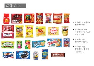 외국 과자.
▶ 외국과자의 포장지도
빨간색이 많다.
▶ 우리나라에 비해
파란색이 주조색으로
많이 쓰였다.
▶ 자주색계열은
찾아보기 힘들다.
▶ 과자명의 색은
빨간색이나 흰색이
대부분이다.
 