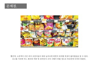 문제점.
빨간색, 노란색이 쓰인 과자 포장지들이 대폭 늘어나게 되면서 과자별 특징이 없어졌음을 알 수 있다.
로고를 가리면 어느 회사의 어떤 맛 과자인지 조차 구별이 안될 정도로 비슷하게 디자인 되었다.
 