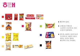 ▶ 빨간색이 많다.
▶ 고채도와 저채도의
노란색이 주조색으로 쓰인
포장지가 많아졌다.
▶ 연두색, 파란색, 검은색 등이
주조색으로 사용된 포장지
에서는 포인트 칼라로
빨간색이 주로 쓰여졌다.
 