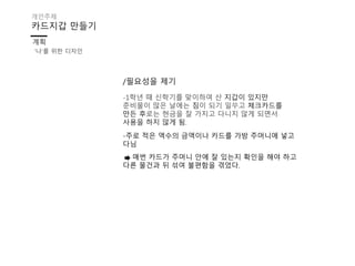 카드지갑 만들기
계획
개인주제
‘나’를 위한 디자인
/필요성을 제기
-1학년 때 신학기를 맞이여 산 지갑이 있지만
준비물이 많은 날에는 짐이 되기 일쑤고 체크카드를
만든 후로는 현금을 잘 가지고 다니지 않게 되면서
사용을 지 않게 됨.
-주로 적은 액수의 금액이나 카드를 가방 주머니에 넣고
다님
매번 카드가 주머니 안에 잘 있는지 확인을 해야 고
다른 물건과 뒤 섞여 불편함을 겪었다.
 