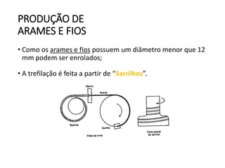 PRODUÇÃO DE
ARAMES E FIOS
• Como os arames e fios possuem um diâmetro menor que 12
mm podem ser enrolados;
• A trefilação é feita a partir de “Sarrilhos”.
 
