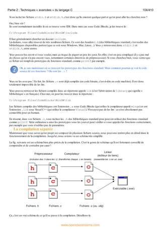 Si on inclut les fichiers stdio.h et stdlib.h, c'est donc qu'ils existent quelque part et qu'on peut aller les chercher, non ?
Oui, bien sûr !
Ils sont normalement installés là où se trouve votre IDE. Dans mon cas sous Code::Blocks, je les trouve là :
C:Program FilesCodeBlocksMinGWinclude
Il faut généralement chercher un dossier include.
Là-dedans, vous allez trouver de très nombreuxfichiers. Ce sont des headers (.h) des bibliothèques standard, c'est-à-dire des
bibliothèques disponibles partout (que ce soit sous Windows, Mac, Linux…). V
ous y retrouverez donc stdio.h et
stdlib.h, entre autres.
V
ous pouvez les ouvrir si vous voulez, mais ça risque de piquer un peu les yeux. En effet, c'est un peu compliqué (il y a pas mal
de choses qu'on n'a pas encore vues, notamment certaines directives de préprocesseur). Si vous cherchez bien, vous verrez que
ce fichier est rempli de prototypes de fonctions standard, comme printf par exemple.
Ok, je sais maintenant où se trouvent les prototypes des fonctions standard. Mais comment pourrais-je voir le code
source de ces fonctions ? Où sont les .c ?
V
ous ne les avez pas ! En fait, les fichiers .c sont déjà compilés (en code binaire, c'est-à-dire en code machine). Il est donc
totalement impossible de les lire.
V
ous pouvez retrouver les fichiers compilés dans un répertoire appelé lib (c'est l'abréviation de library qui signifie «
bibliothèque » en français). Chez moi, on peut les trouver dans le répertoire :
C:Program FilesCodeBlocksMinGWlib
Les fichiers compilés des bibliothèques ont l'extension .a sous Code::Blocks (qui utilise le compilateur appelé mingw) et ont
l'extension .lib sous Visual C++ (qui utilise le compilateur Visual). N'essayez pas de les lire : ce n'est absolument pas
comestible pour un humain.
En résumé, dans vos fichiers .c, vous incluez les .h des bibliothèques standard pour pouvoir utiliser des fonctions standard
comme printf. V
otre ordinateur a ainsi les prototypes sous les yeuxet peut vérifier si vous appelez les fonctions correctement,
par exemple que vous n'oubliez pas de paramètres.
La compilation séparée
Maintenant que vous savez qu'un projet est composé de plusieurs fichiers source, nous pouvons rentrer plus en détail dans le
fonctionnement de la compilation. Jusqu'ici, nous avions vu un schéma très simplifié.
La fig. suivante est un schéma bien plus précis de la compilation. C'est le genre de schémas qu'il est fortement conseillé de
comprendre et de connaître par cœur !
Ça, c'est un vrai schéma de ce qu'il se passe à la compilation. Détaillons-le.
Partie 2 : Techniques « avancées » du langage C 104/410
www.openclassrooms.com
 