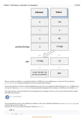 Dans ce schéma, la variable age a été placée à l'adresse 177450 (vous voyez d'ailleurs que sa valeur est 10), et le pointeur
pointeurSurAge a été placé à l'adresse 3 (c'est tout à fait le fruit du hasard).
Lorsque mon pointeur est créé, le système d'exploitation réserve une case en mémoire comme il l'a fait pour age. La différence ici,
c'est que la valeur de pointeurSurAge est un peu particulière. Regardez bien le schéma : c'est l'adresse de la variable age !
Ceci, chers lecteurs, est le secret absolu de tout programme écrit en langage C. On y est, nous venons de rentrer dans le monde
merveilleuxdes pointeurs !
Et… ça sert à quoi ?
Ça ne transforme pas encore votre ordinateur en machine à café, certes. Seulement maintenant, on a un pointeurSurAge qui
contient l'adresse de la variable age.
Essayons de voir ce que contient le pointeur à l'aide d'un printf :
Code : C
int age = 10;
Partie 2 : Techniques « avancées » du langage C 117/410
www.openclassrooms.com
 
