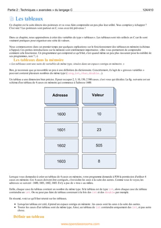Les tableaux
Ce chapitre est la suite directe des pointeurs et va vous faire comprendre un peu plus leur utilité. V
ous comptiez y échapper ?
C'est raté ! Les pointeurs sont partout en C, vous avez été prévenus !
Dans ce chapitre, nous apprendrons à créer des variables de type « tableaux». Les tableauxsont très utilisés en C car ils sont
vraiment pratiques pour organiser une série de valeurs.
Nous commencerons dans un premier temps par quelques explications sur le fonctionnement des tableauxen mémoire (schémas
à l'appui). Ces petites introductions sur la mémoire sont extrêmement importantes : elles vous permettent de comprendre
comment cela fonctionne. Un programmeur qui comprend ce qu'il fait, c'est quand même un peu plus rassurant pour la stabilité de
ses programmes, non ? ;-)
Les tableaux dans la mémoire
« Les tableaux sont une suite de variables de même type, situées dans un espace contigu en mémoire. »
Bon, je reconnais que ça ressemble un peu à une définition du dictionnaire. Concrètement, il s'agit de « grosses variables »
pouvant contenir plusieurs nombres du même type (long, int, char, double…).
Un tableau a une dimension bien précise. Il peut occuper 2, 3, 10, 150, 2 500 cases, c'est vous qui décidez. La fig. suivante est un
schéma d'un tableau de 4 cases en mémoire qui commence à l'adresse 1600.
Lorsque vous demandez à créer un tableau de 4 cases en mémoire, votre programme demande à l'OS la permission d'utiliser 4
cases en mémoire. Ces 4 cases doivent être contiguës, c'est-à-dire les unes à la suite des autres. Comme vous le voyez, les
adresses se suivent : 1600, 1601, 1602, 1603. Il n'y a pas de « trou » au milieu.
Enfin, chaque case du tableau contient un nombre du même type. Si le tableau est de type int, alors chaque case du tableau
contiendra un int. On ne peut pas faire de tableau contenant à la fois des int et des double par exemple.
En résumé, voici ce qu'il faut retenir sur les tableaux.
Lorsqu'un tableau est créé, il prend un espace contigu en mémoire : les cases sont les unes à la suite des autres.
Toutes les cases d'un tableau sont du même type.Ainsi, un tableau de int contiendra uniquement des int, et pas autre
chose.
Définir un tableau
Partie 2 : Techniques « avancées » du langage C 124/410
www.openclassrooms.com
 