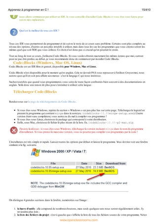 nous allons commencer par utiliser un IDE. Je vous conseille d'installer Code::Blocks si vous êtes sous Linux, pour
suivre mes explications.
Quel est le meilleur de tous ces IDE ?
Tous ces IDE vous permettront de programmer et de suivre le reste de ce cours sans problème. Certains sont plus complets au
niveau des options, d'autres un peu plus intuitifs à utiliser, mais dans tous les cas les programmes que vous créerez seront les
mêmes quel que soit l'IDE que vous utilisez. Ce choixn'est donc pas si crucial qu'on pourrait le croire.
Tout au long de tout ce cours, j'utiliserai Code::Blocks. Si vous voulez obtenir exactement les mêmes écrans que moi, surtout
pour ne pas être perdus au début, je vous recommande donc de commencer par installer Code::Blocks.
Code::Blocks (Windows, Mac OS, Linux)
Code::Blocks est un IDE libre et gratuit, disponible pour Windows, Mac et Linux.
Code::Blocks n'est disponible pour le moment qu'en anglais. Cela ne devrait PAS vous repousser à l'utiliser. Croyez-moi, nous
aurons quoi qu'il en soit peu affaire auxmenus : c'est le langage C qui nous intéresse.
Sachez toutefois que quand vous programmerez, vous serez de toute façon confrontés bien souvent à des documentations en
anglais. V
oilà donc une raison de plus pour s'entraîner à utiliser cette langue.
Télécharger Code::Blocks
Rendez-vous sur la page de téléchargements de Code::Blocks.
Si vous êtes sous Windows, repérez la section « Windows » un peu plus bas sur cette page. Téléchargez le logiciel en
prenant le programme qui contient mingw dans le nom (ex. : codeblocks-10.05mingw-setup.exe). L'autre
version étant sans compilateur, vous auriez eu du mal à compiler vos programmes !
Si vous êtes sous Linux, choisissez le package qui correspond à votre distribution.
Enfin, sous Mac, choisissez le fichier le plus récent de la liste. Ex. : codeblocks-10.05-p2-mac.zip.
J'insiste là-dessus : si vous êtes sous Windows, téléchargez la version incluant mingw dans le nom du programme
d'installation. Si vous prenez la mauvaise version, vous ne pourrez pas compiler vos programmes par la suite !
L'installation est très simple et rapide. Laissez toutes les options par défaut et lancez le programme. V
ous devriez voir une fenêtre
similaire à la fig. suivante.
On distingue 4 grandes sections dans la fenêtre, numérotées sur l'image :
1. la barre d'outils : elle comprend de nombreuxboutons, mais seuls quelques-uns nous seront régulièrement utiles. J'y
reviendrai plus loin ;
2. la liste des fichiers du projet : c'est à gauche que s'affiche la liste de tous les fichiers source de votre programme. Notez
Apprenez à programmer en C ! 15/410
www.openclassrooms.com
 