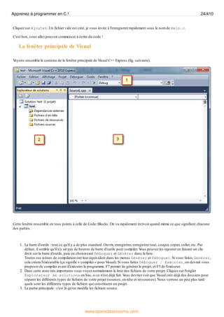 Cliquez sur Ajouter. Un fichier vide est créé, je vous invite à l'enregistrer rapidement sous le nom de main.c.
C'est bon, vous allez pouvoir commencer à écrire du code !
La fenêtre principale de Visual
V
oyons ensemble le contenu de la fenêtre principale de Visual C++ Express (fig. suivante).
Cette fenêtre ressemble en tous points à celle de Code::Blocks. On va rapidement (re)voir quand même ce que signifient chacune
des parties.
1. La barre d'outils : tout ce qu'il y a de plus standard. Ouvrir, enregistrer, enregistrer tout, couper, copier, coller, etc. Par
défaut, il semble qu'il n'y ait pas de bouton de barre d'outils pour compiler. V
ous pouvez les rajouter en faisant un clic
droit sur la barre d'outils, puis en choisissant Déboguer et Générer dans la liste.
Toutes ces icônes de compilation ont leur équivalent dans les menus Générer et Déboguer. Si vous faites Générer,
cela créera l'exécutable (ça signifie « compiler » pour Visual). Si vous faites Déboguer / Exécuter, on devrait vous
proposer de compiler avant d'exécuter le programme. F7 permet de générer le projet, et F5 de l'exécuter.
2. Dans cette zone très importante vous voyez normalement la liste des fichiers de votre projet. Cliquez sur l'onglet
Explorateur de solutions en bas, si ce n'est déjà fait. V
ous devriez voir que Visual crée déjà des dossiers pour
séparer les différents types de fichiers de votre projet (sources, en-tête et ressources). Nous verrons un peu plus tard
quels sont les différents types de fichiers qui constituent un projet.
3. La partie principale : c'est là qu'on modifie les fichiers source.
Apprenez à programmer en C ! 24/410
www.openclassrooms.com
 