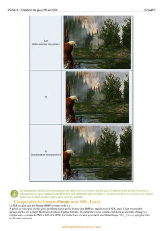 128
(transparence moyenne)
75
0
(entièrement transparente)
La transparence Alpha 128 (transparence moyenne) est une valeur spéciale qui est optimisée par la SDL. Ce type de
transparence est plus rapide à calculer pour votre ordinateur que les autres. C'est peut être bon à savoir si vous utilisez
beaucoup de transparence Alpha dans votre programme.
Charger plus de formats d'image avec SDL_Image
La SDL ne gère que les Bitmap (BMP) comme on l'a vu.
A priori, ce n'est pas un très gros problème parce que la lecture des BMP est rapide pour la SDL, mais il faut reconnaître
qu'aujourd'hui on a plutôt l'habitude d'utiliser d'autres formats. En particulier, nous sommes habitués auxformats d'images «
compressés » comme le PNG, le GIF et le JPEG. Ça tombe bien, il existe justement une bibliothèque SDL_Image qui gère tous
les formats suivants :
Partie 3 : Création de jeux 2D en SDL 279/410
www.openclassrooms.com
 